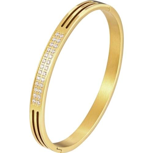 New Arrival Laser Cut Line Inlaid Zircon Woman Bangle Top Quality Stainless Steel Beautiful Bracelet Gold Color Crystal Jewelry