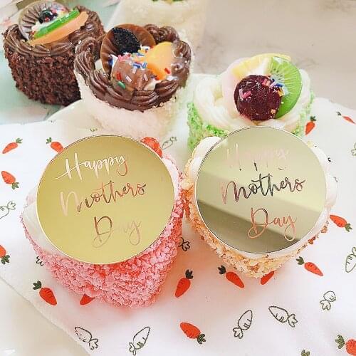 New Gold Happy Mothers Day Cupcake Topper Rose Gold Acrylic Cake Topper for Mom Mum Birthday Party Cake Decorations 5cm Circle