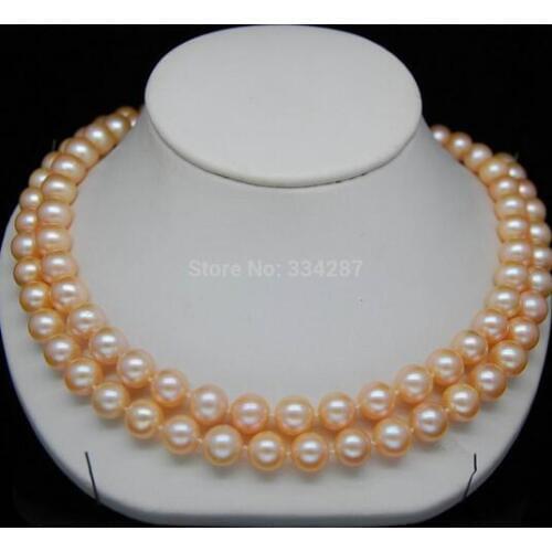 Wholesale good Natural 8-9mm AAA pink pearl necklaces 32"Long With gold clasp