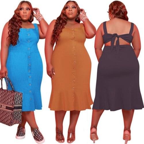 Wholesale Plus Size 5xl Dresses Women Summer 2021 Summer Hollow Out Back Button Tank Ruffle Hem Maxi Bandage Dress Dropshipping