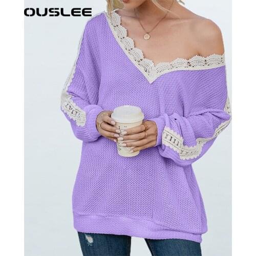 OUSLEE Sexy Off Shoulder Sweaters Women Lace Patchwork Jumper Tops Female Spring Autumn Yellow Casual Elegant Pullover Plus Size