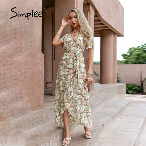 Simplee Boho floral ruffle sleeve dress summer Holiday split v-neck belt maxi dress Sheath all-matching soft ladies vestidos