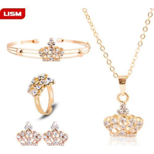4 Pcs/ Set Cute Crown Shaped Neclace Earrings Sets Jewelry Crystal Kid Children Lovely Gold Color Jewelry Sets for Girl Gift
