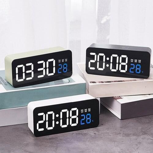 LED Mirror Screen Alarm Clock Creative Digital Clock Voice Control Snooze Time Date Temperature Display Rectangle Style