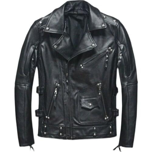 Heavy Motorcycle Top Layer Cowhide Jacket Mens Slim Lapel Locomotive Genuine Cowhide Coat for Male