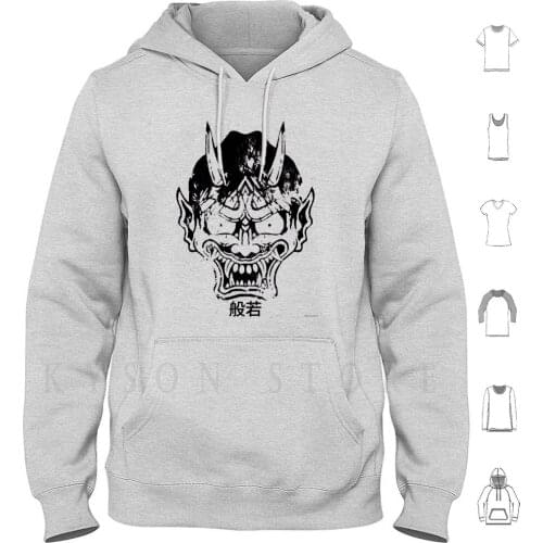 Hannya Mask Hoodie Long Sleeve Hannya Mask Japan Katana Japanese Sword Traditional Bloody Map Nippon Comic Style