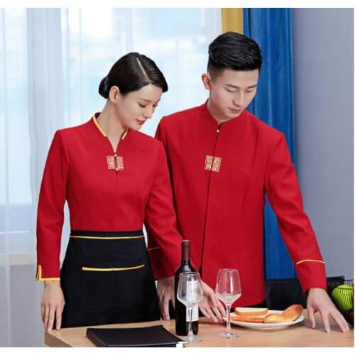Chinese restaurant Waiter uniform Hotel work uniforms Attendant Red Spring Long sleeve