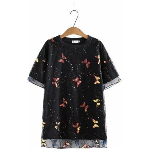 Plus size blouses tunics shirts 2021 new fashion O-Neck Fake two pieces mesh Sequins short sleeve summer Womens t-shirts