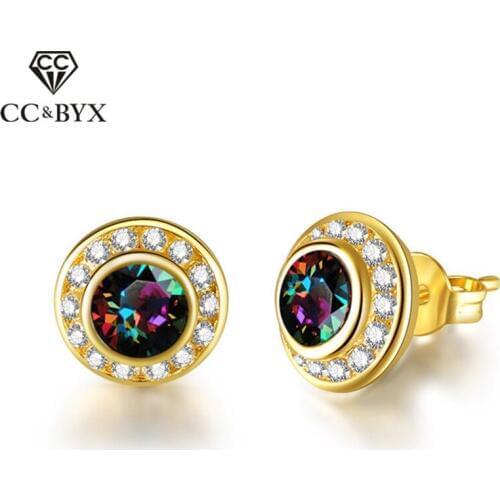 CC Stud Earrings For Women Colorful Cubic Zirconia Mysterious Rainbow Round Earring Simple Fashion Ear Studs Accessories CCE374