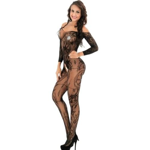 Long Sleeve Floral One-piece Body Suits Lingerie Porno Sexy Women Clothing Plus Size See Through Erotic Mesh Open Crotch