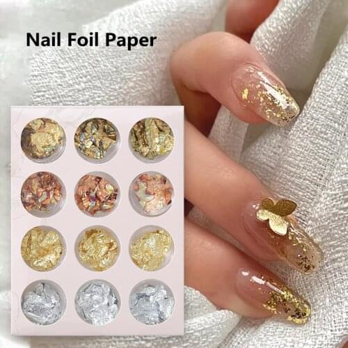 12Box/Set Gold Silver Irregular Nail Art Foil Paper Nail Art Sticker 3D Glitter DIY Manicure UV Gel Polish Nail Decoration Tools