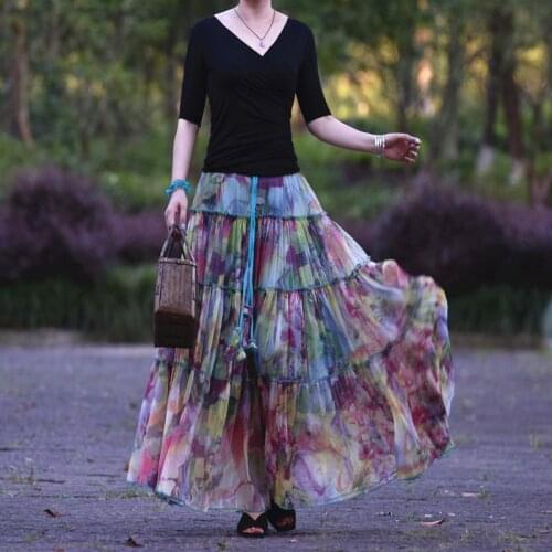 Free Shipping 2021 Fashion Long Chiffon Skirt Floral Printed Maxi Boho Skirts For Women Plus Size Bohemian Skirts S-2XL Summer