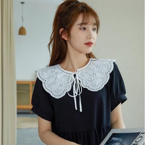 Women Neckwear Tie Embroidery Lace Flower Bandage Strap Neckline Fake Collar Detachable False Collar Removable Lapel Blouse Tops