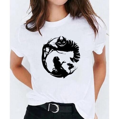 Alice in Wonderland Cheshire Cat Printed T Shirt Women O-neck Short Sleeve T-shirt Ropa De Mujer Casual Ladies Clothes Camiset