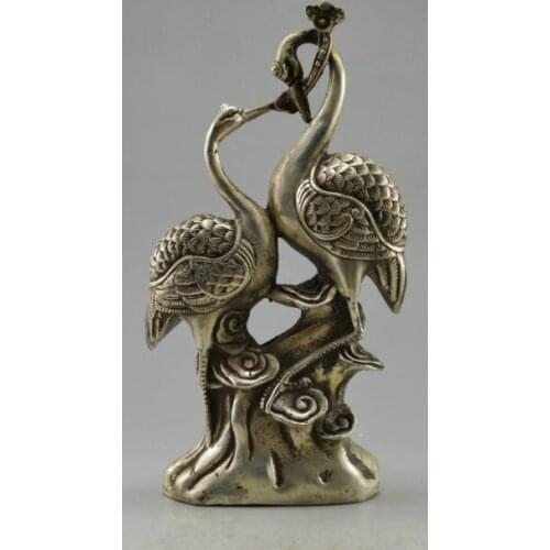 Collectible Decorated Old Handwork Tibetan Silver Pair Crane On Mountain Statue