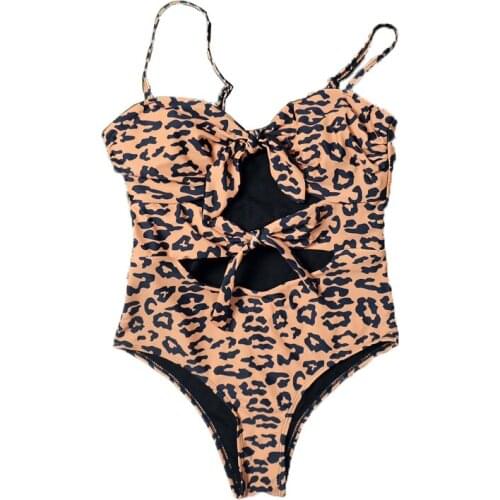 VSUE Women Brown Leopard Swimwear Triangle Black Swimsuit One Piece Suits Bow Hollow Out Beach Wear Summer Y0033