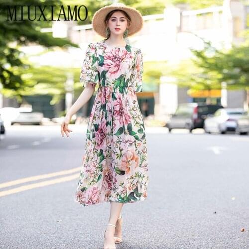 MIUXIMAO 2020 Summer Dress Newest Cute colourful Print Leaf Flower Elegant Slim Casual Long Dress Women Vestidos