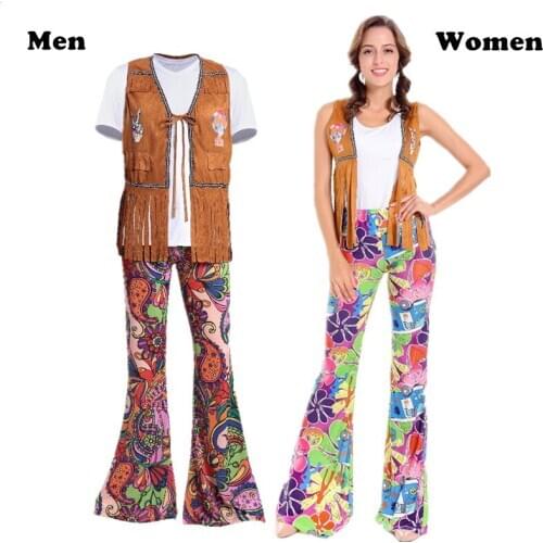 Men Women Vintage 70s Hippie Costume Halloween Party Cosplay Disco Hip Hop Singers Fancy Dress Couple Costumes