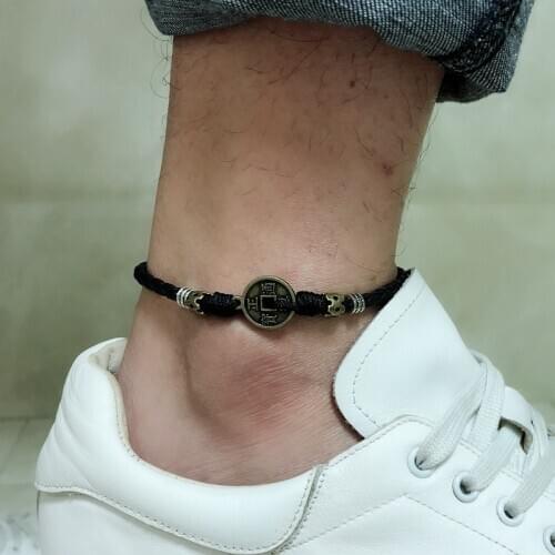 Black leather coin anklet for men punk red color vintage retro