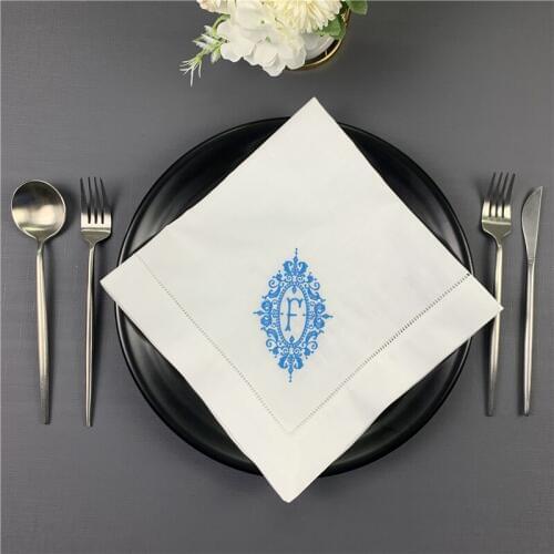 Napkins Monogrammed Dinner Napkins White linen Hemstitch Table Napkins 20"x20"Ladder Embroidered Initial F Tea Napkins