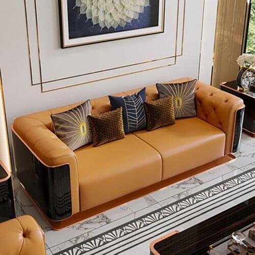 Postmodern minimalist light luxury villa leather sofa combination first floor high-end luxury Hong Kong-style living room model