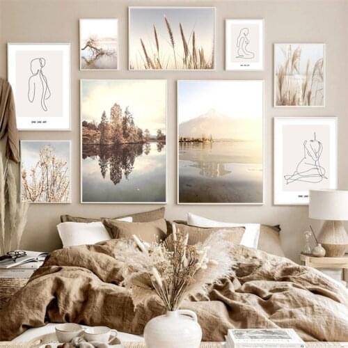 Nordic Beight Landscape Grass Canvas Painting Abstract Line Figure Picture Wall Art Home Decor Poster and Print for Living Room