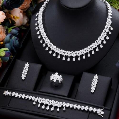Gorgeous New Trendy 4PCS Luxury Waterdrop Statement Jewelry set For Women Wedding Cubic Zircon CZ African Dubai Bridal Jewelry