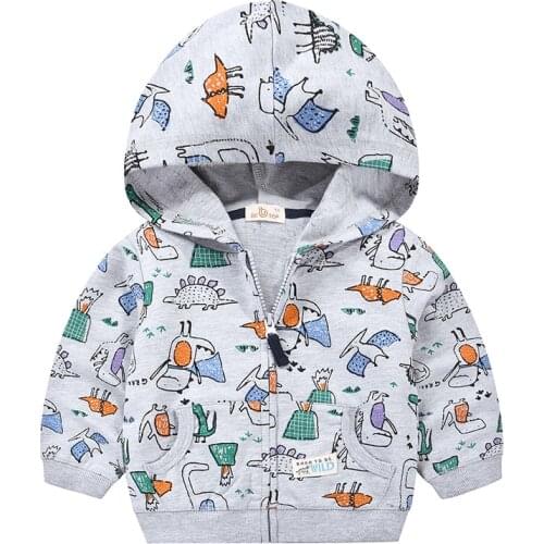 27kids Autumn Baby Boy Jacket Grey Volcano Dinosaur Cartoon Cotton Trench Clothes Tops Hooded Windbreaker Outerwe 2-9Years