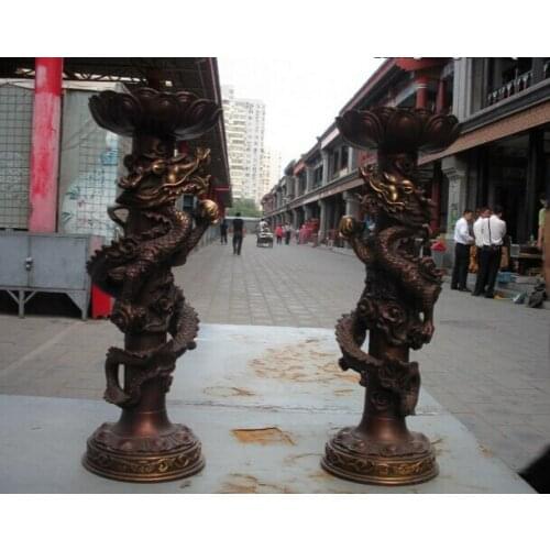 Xd 001955 15"China Royal Red Bronze Carved Dragons Candle Holder candlestick pair