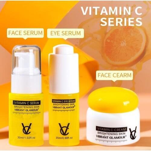 VIBRANT GLAMOUR Vitamin C Face Serum Eye Serum Whitening Moisturizing Brighting Repair Fade Freckles Anti Aging Set 2 Pieces