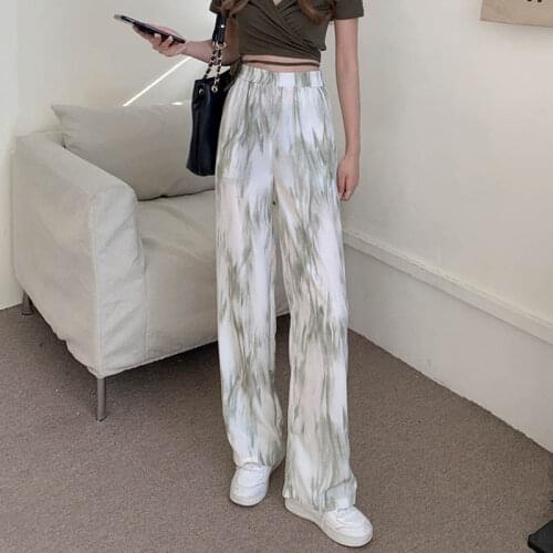 JMPRS Tie Dye Summer Women Pants Elastic High Waist Straight Casual Loose Ladies Cotton Trousers Korean Fashion Pants 2021