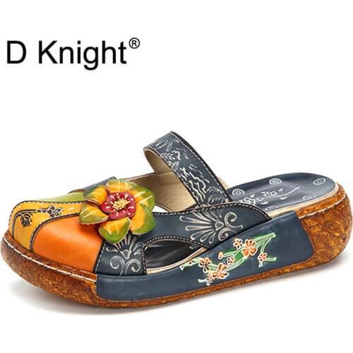 2019 Women Slides Summer Fashion Leisure Shoes Women Platform Wedges Mules Genuine Leather Flowers Sandals Thick Bottom Slippers