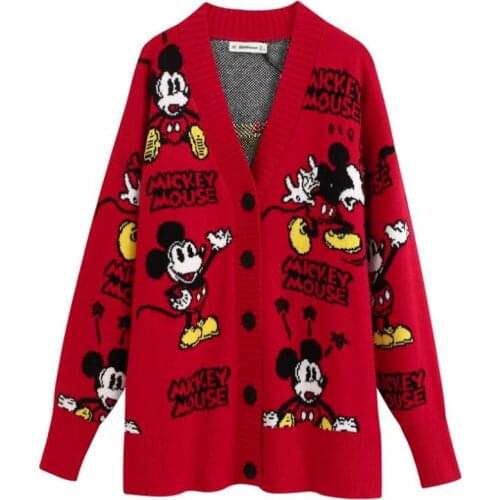 Disney Mickey Mouse Sweater Jacket Cartoon White Red Cardigan Coats Long Sleeve Knitted Streetwear Tops Female Fashion Clothes