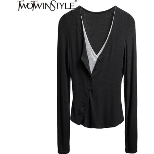 TWOTWINSTYLE Hit Color Fake Two Sweater For Women V Neck Long Sleeve Patchwork Knitted Cardigans Female 2020 Autumn Fashion New