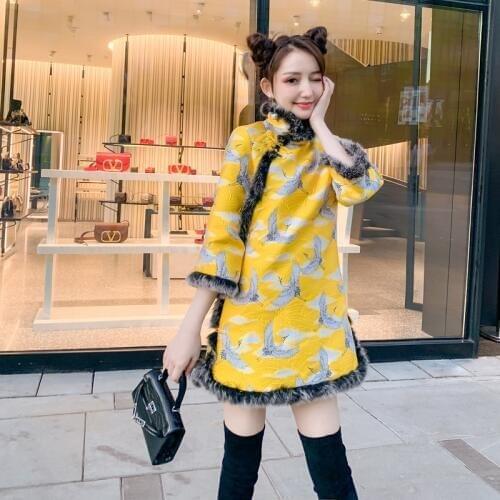 Winter Dresses Women 2019 Long Sleeve Cheongsam Dress Robe Vintage Femme Qipao Dress Elegant Yellow Chinese Dress FF2521