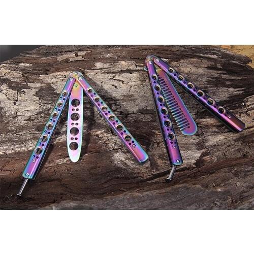 1PC rainbow color Stainless Steel Training Knife titanium coating knife butterfly balisong knife no edge dull tool KX 212