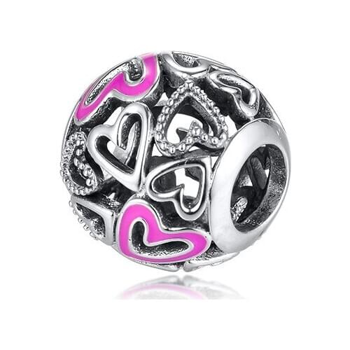 2020 Pink Openwork Freehand Heart Beads for Charms Bracelets Women Valentines Day 925 Sterling Silver Beads for Jewelry Making