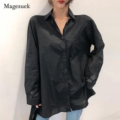 Black Long Shirt Women Blouse Cotton Button Up Shirt Korean Fashion Clothing Loose Ladies Tops Pocket Shirts Blusas Mujer 13313