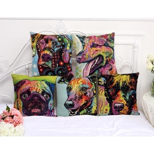 Decorative Pillow Case Animal dog Color Painting Pillowcase 17.5 Inches Cotton Linen Chair Seat Throw Pillow Cover A1114