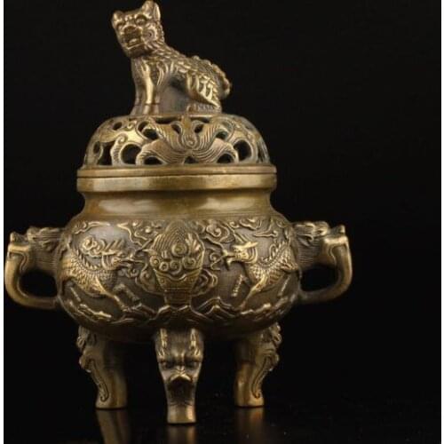 Exquisite Chinese Collection Old Copper Handwork Dragon Lion Statue Incense Burner