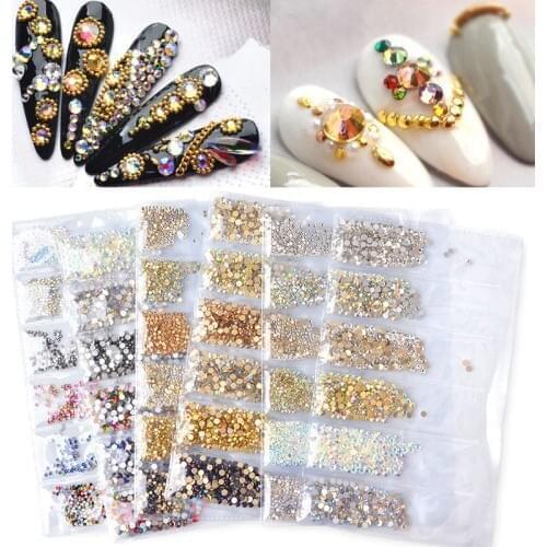 18 Choice Ss3-ss8 1440 Pcs Clear Crystal Mix Sizes AB Gold 3D Nail Art Rhinestones Stones Flatback Decoration