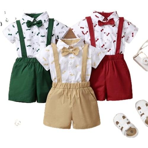 Baby Boys Clothes Set, Beard Print Short Sleeve Lapel Neck Shirt+Solid Color Suspender Shorts