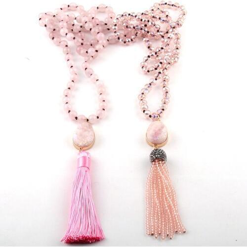 Fashion Pink beads Knotted Pink Stone Charm Link Bohemian Jewelry Pendant Tassel Necklace
