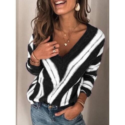 Fashion Women Autumn V Neck Striped Long Sleeve Sweater Casual Womens Loose Knit Pullover Sexy Jumper Tops Pullover Knitted Top