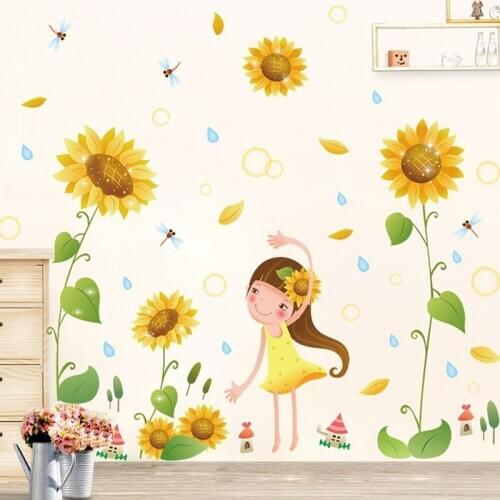 Cartoon Rural Flowers Sunflower Decals Girls Bedroom Living Room Decoration Removable PVC Wall Decor Stickers