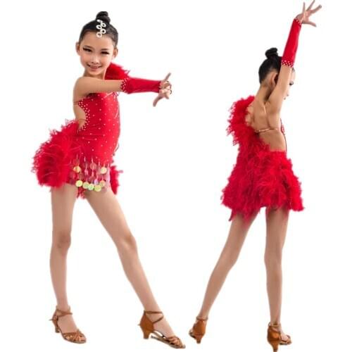 New Red Imported Spandex Child Latin/Salsa/Ballroom Dance Dress,Feather+Czech Diamond,Girls Performance/Competition Stage Wear