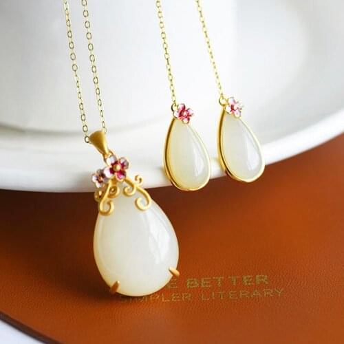 New silver inlaid natural Hotan jade Drop Shaped Pendant Necklace with exquisite and unique Chinese style womens brand jewelry