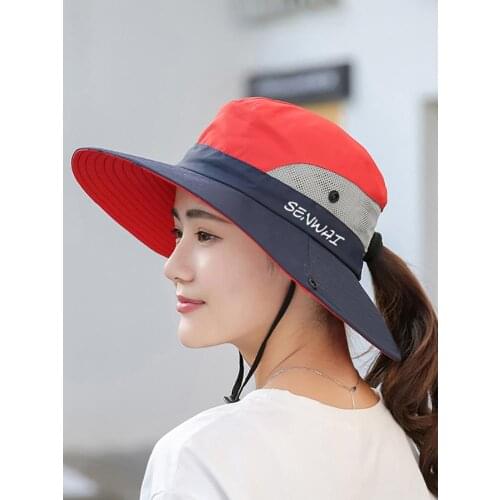 Women Bucket Hat Wide Brim Mountaineering Hat Quick Drying Breathable Sports Cap Foldable Sunshade Sun Ponytail Cap Chin Strap