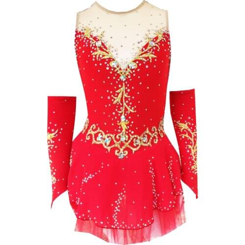 Gules Figure Skating Dress Long-Sleeved Ice Skating Skirt Spandex