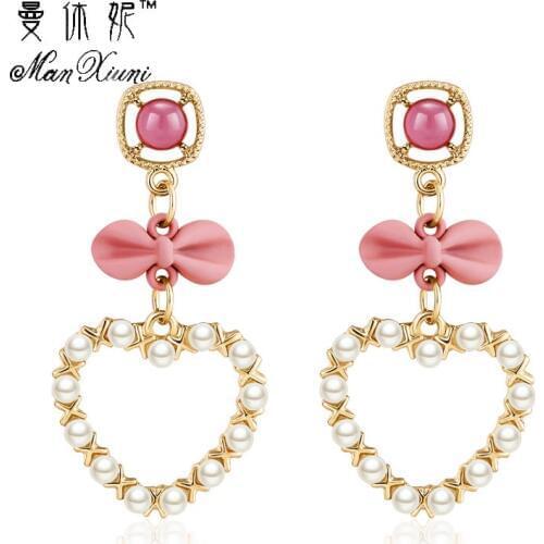 Luxury oorbellen Rhineatone Bow tie Long Drop Dangle Earring Fashion Charm Pearl Heart Earrings for Women Jewelry Wholesale